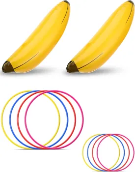 10 Pieces Bachelorette Party Game and swimming pool Inflatable Banana Ring Toss Game Kit, Include 2 Pieces Banana with 8 Pieces Plastic Toss Rings for Tossing Games Party and swimming pool Decorations