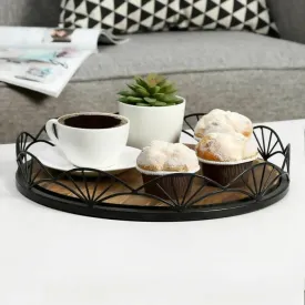 12-Inch Round Wooden Decorative Serving Tray Vanity Tray, Round Tray Vintage, Serving Coffee, Tea, Cocktails, Desserts, Appetizers, Wooden Sheet Round Decorative Round Serving Tray With Decorative Black Metal by Design & Decore