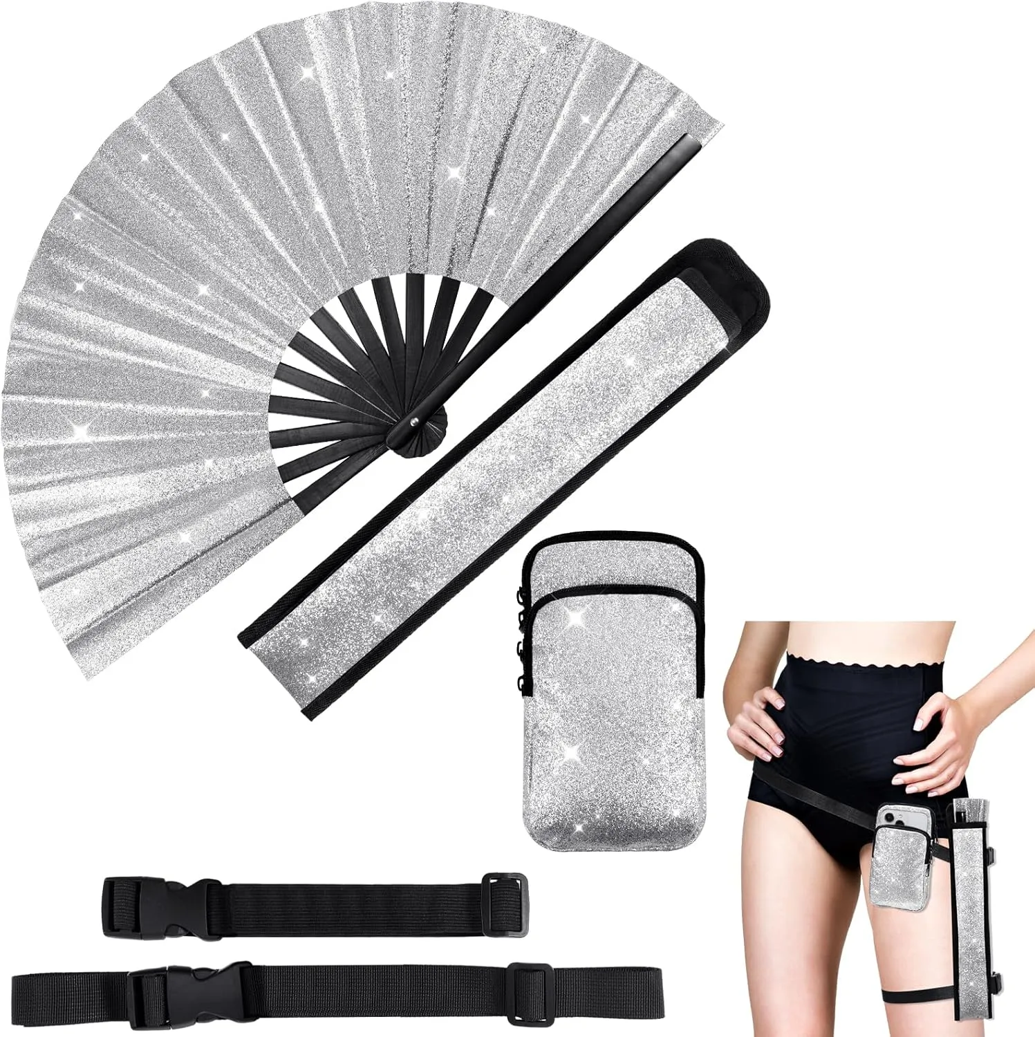 3 Pcs Glitter Rave Fan Accessories for Women Includes Rave Fan Cell Phone Bag Holder with Arm/Leg Band Belt for Music Raves EDM Festival Club Dance Circuit Parties