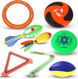 8-in-1 Sports Combo Play Set - Ultimate Outdoor Family Backyard Games with Foam Football, Flying Discs, Aero Rings, Boomerang, Whistling Missiles  Throw & Catch Fun Activities for Kids