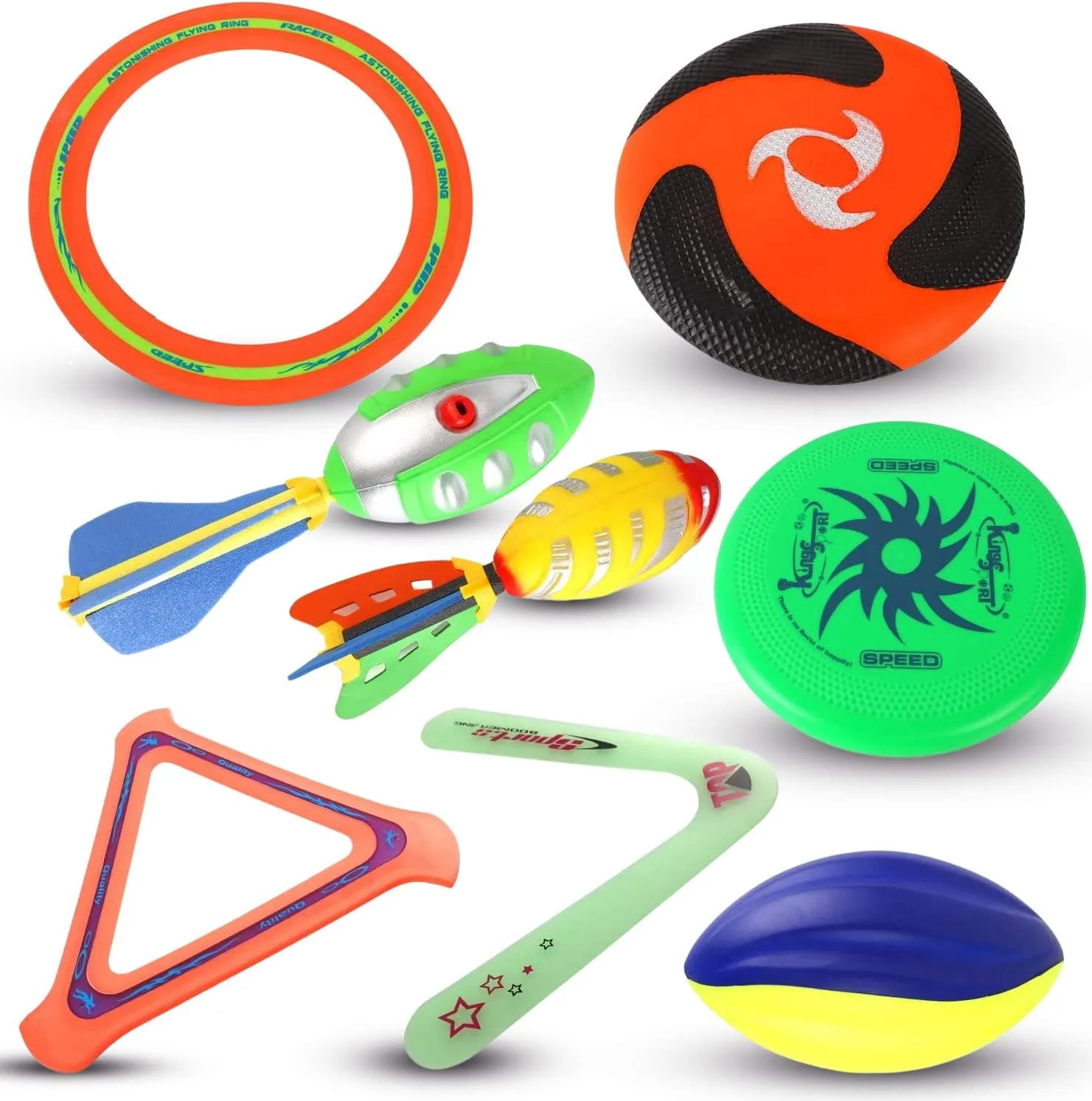 8-in-1 Sports Combo Play Set - Ultimate Outdoor Family Backyard Games with Foam Football, Flying Discs, Aero Rings, Boomerang, Whistling Missiles  Throw & Catch Fun Activities for Kids