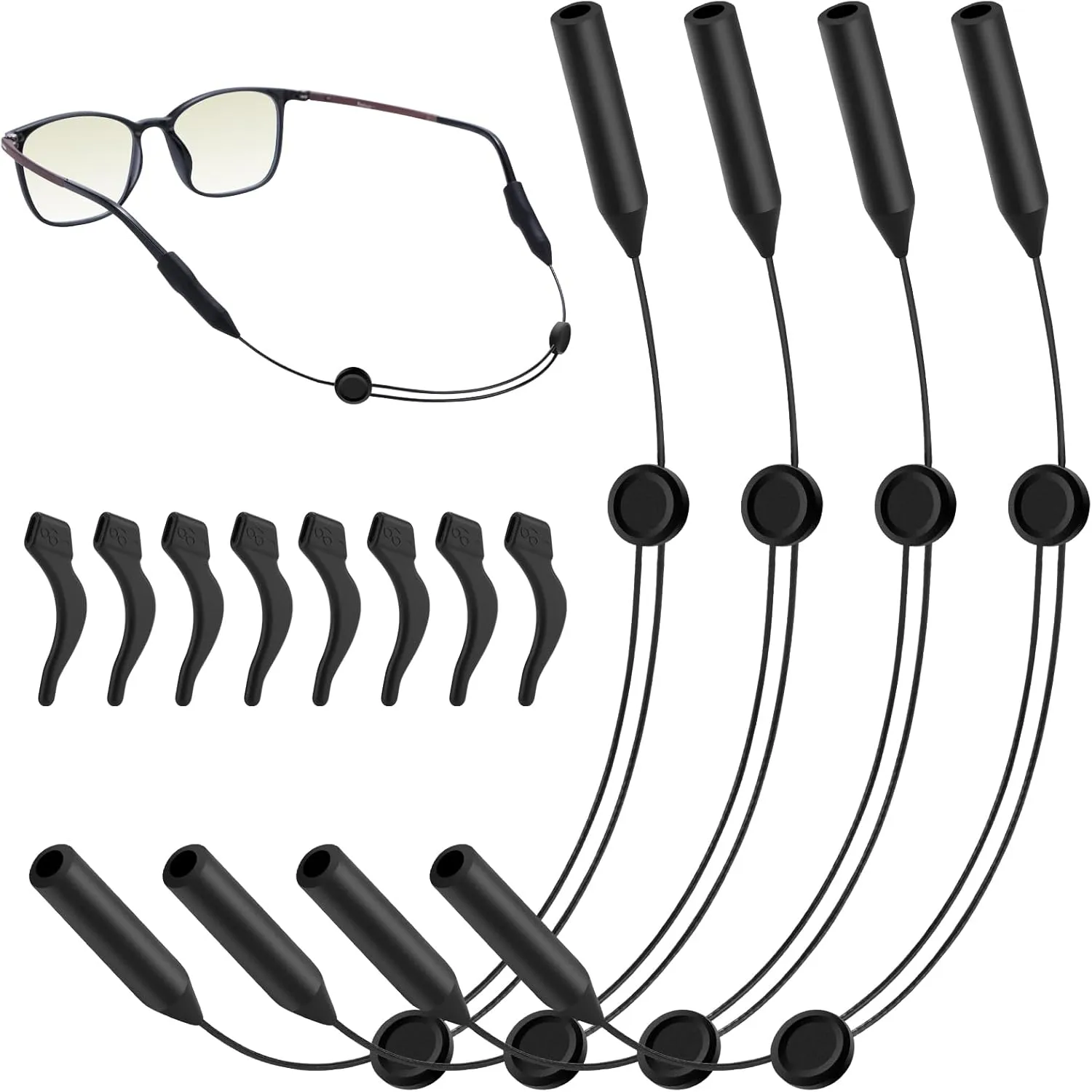 Adjustable Glasses Strap - 4 Pack 16Inch Eye Glasses String Straps with Retainer Ear Cushion, Eyewear Retainer, No Tail Anti Slip Sunglasses String Eyeglass Strap for Men Women