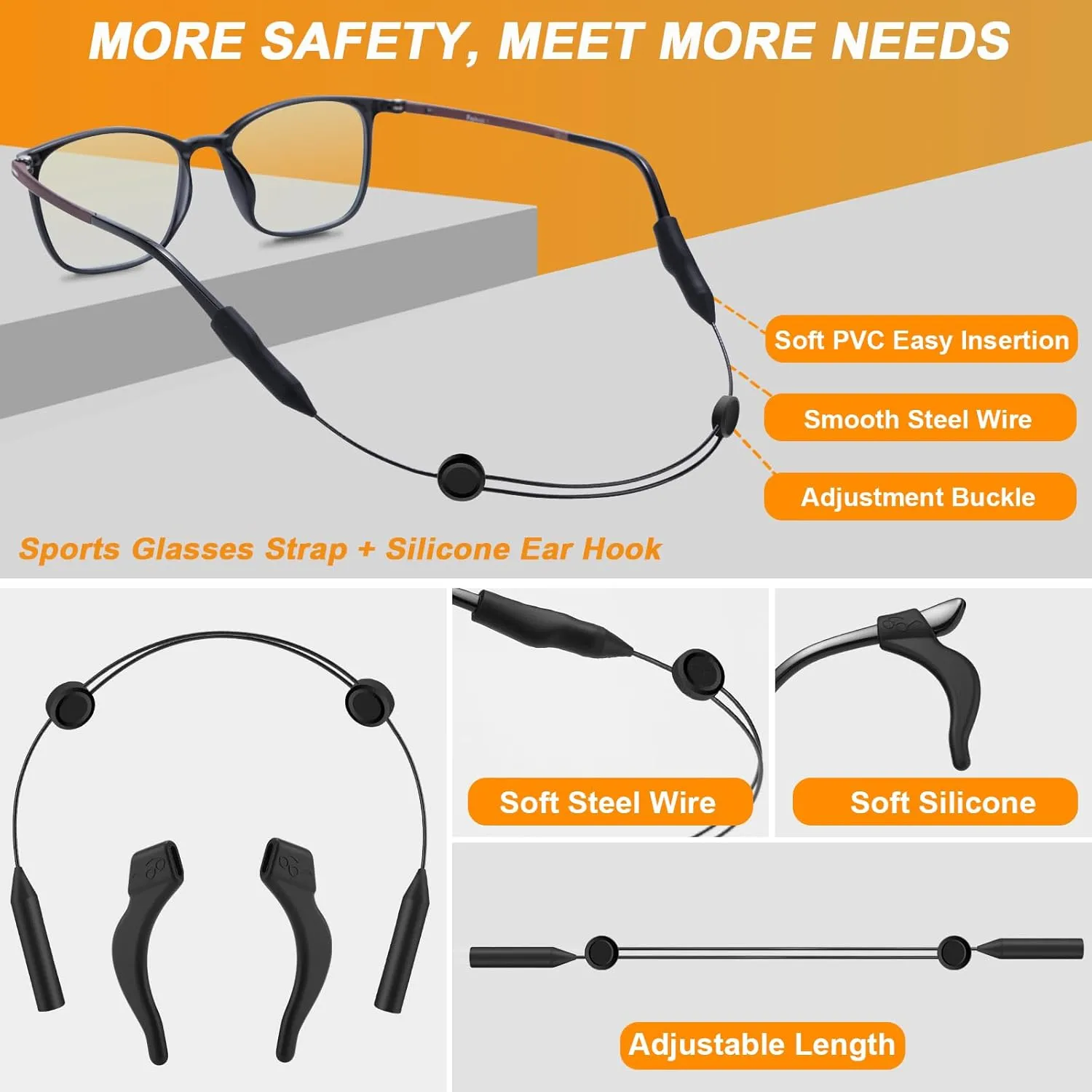 Adjustable Glasses Strap - 4 Pack 16Inch Eye Glasses String Straps with Retainer Ear Cushion, Eyewear Retainer, No Tail Anti Slip Sunglasses String Eyeglass Strap for Men Women