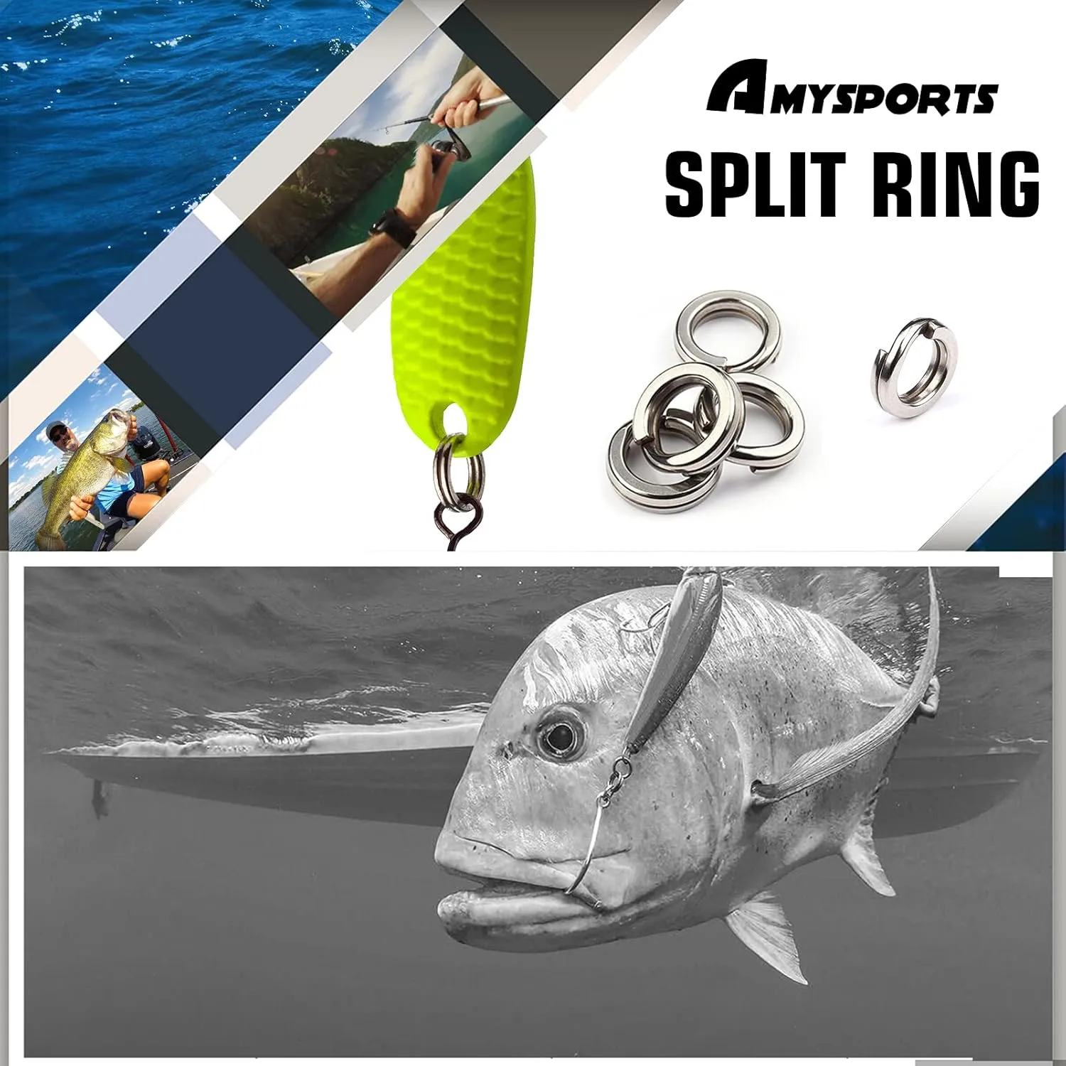 AMYSPORTS Stainless Steel Split Rings Saltwater High Strength Fishing Split Ring Line Connector Fishing Split Rings Freshwater Loop