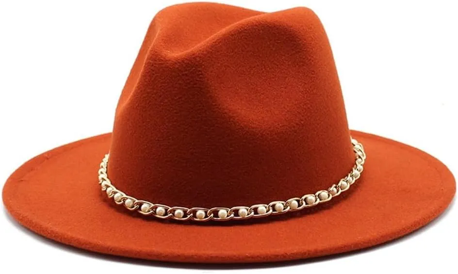 Autumn and Winter Felt Hat Gold Chain Woolen Hat European and American Jazz Felt Hat Men and Women Big Brim Flat Brimmed Hat Fengyan Cowboy Hats (Color : Caramel, Size : 56-58cm)