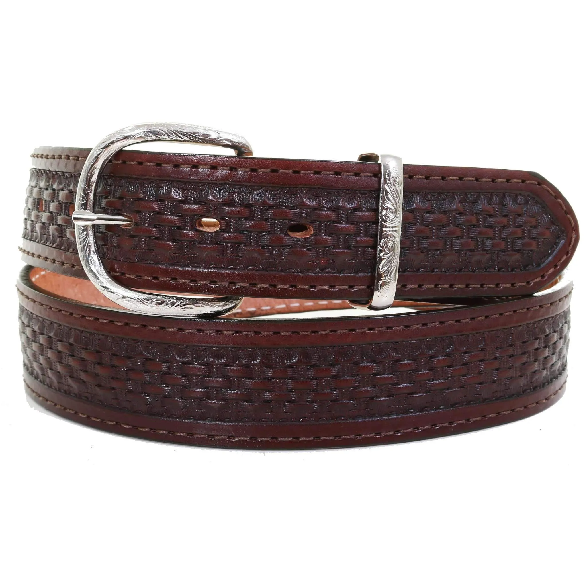 B622 - Cognac Basket Weave Tooled Belt