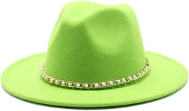 DHAEY Autumn and Winter Felt Hat Gold Chain Woolen Hat European and American Jazz Felt Hat Men and Women Big Brim Flat Brimmed Hat Luopan Caps & Hats(Fluorescent Green)