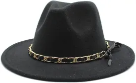 DHAEY New Golden Chain Bow Belt Woolen Hat European and American Jazz Felt Hat Men's and Women's Large Flat Brimmed Hat Luopan Caps & Hats(C8)