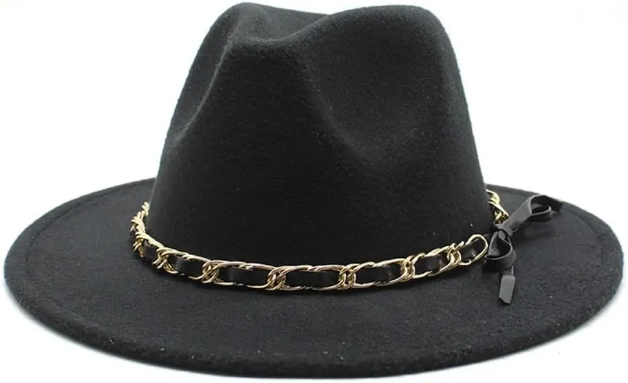 DHAEY New Golden Chain Bow Belt Woolen Hat European and American Jazz Felt Hat Men's and Women's Large Flat Brimmed Hat Luopan Caps & Hats(C8)