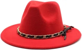 DHAEY New Golden Chain Bow Belt Woolen Hat European and American Jazz Felt Hat Men's and Women's Large Flat Brimmed Hat Luopan Caps & Hats(Rose Red)