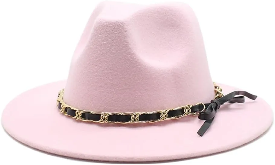 DHAEY New Golden Chain Bow Belt Woolen Hat European and American Jazz Felt Hat Men's and Women's Large Flat Brimmed Hat Luopan Caps & Hats(Rose Red)