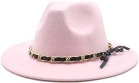 DHAEY New Golden Chain Bow Belt Woolen Hat European and American Jazz Felt Hat Men's and Women's Large Flat Brimmed Hat Luopan Caps & Hats(Rose Red)