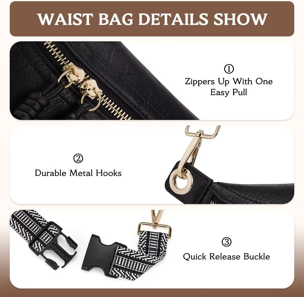 Fanny Pack Crossbody Bags for Women Vegan Leather Belt Bag Waist Pack Causal Chest Bum Bag With 2 Straps Black