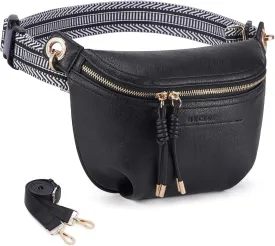 Fanny Pack Crossbody Bags for Women Vegan Leather Belt Bag Waist Pack Causal Chest Bum Bag With 2 Straps Black