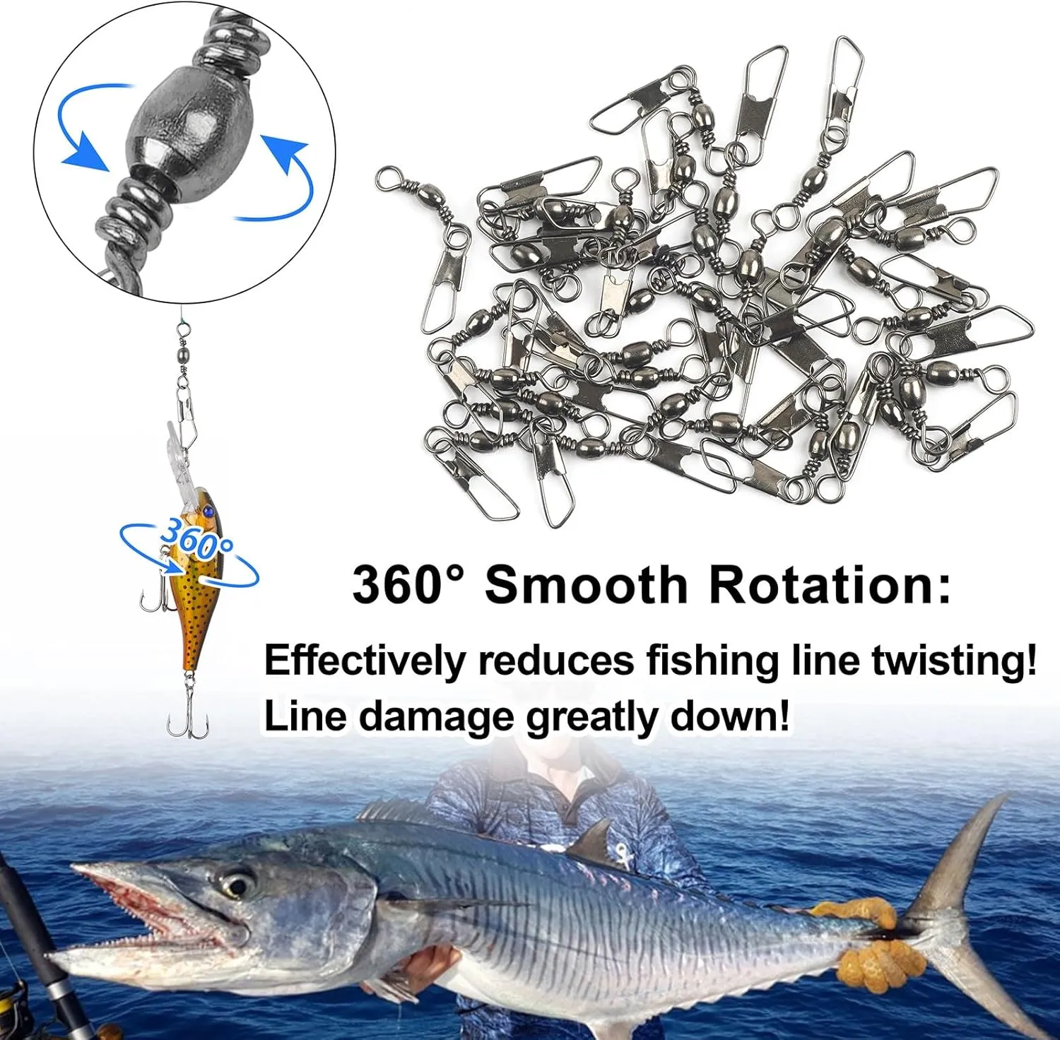 Fishing Swivels Snap Swivels, Barrel Swivels with Safety Snaps High Strength Solid Rings Fishing Swivels Freshwater Saltwater Snap Connector