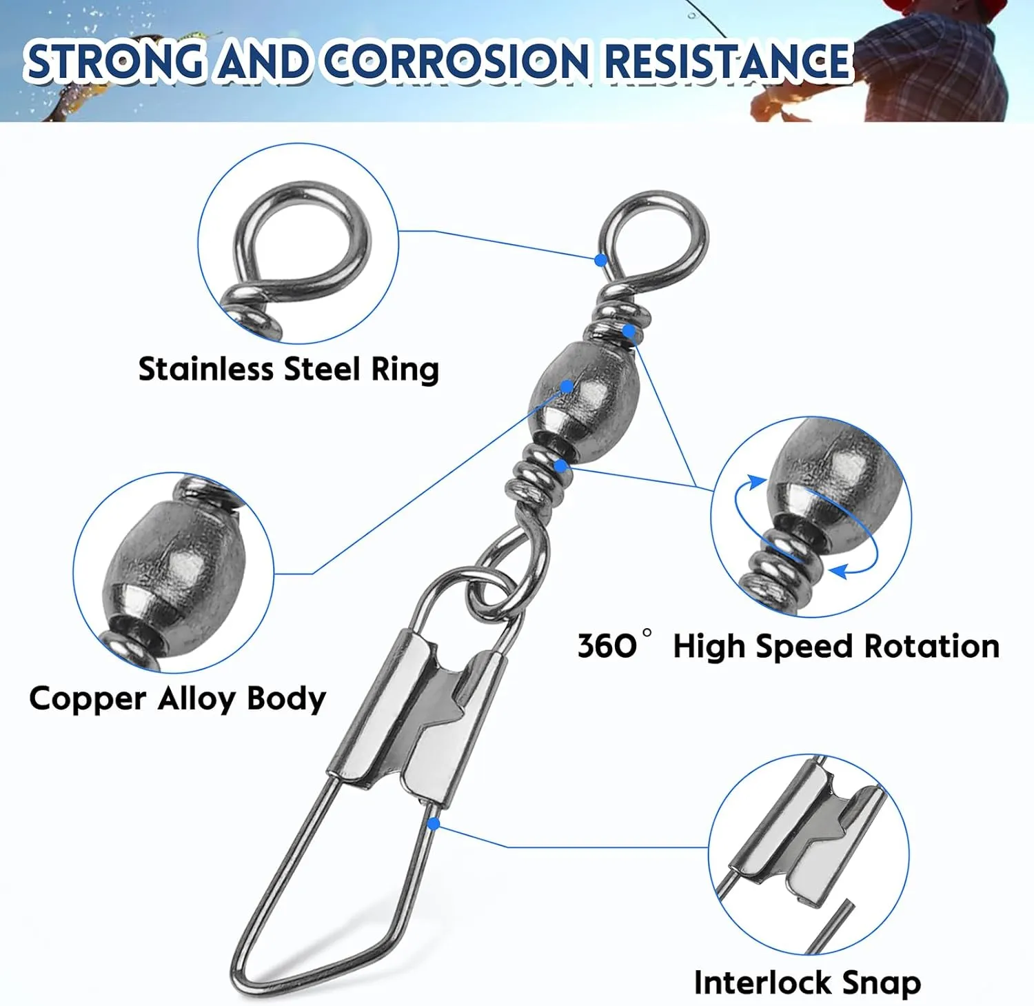 Fishing Swivels Snap Swivels, Barrel Swivels with Safety Snaps High Strength Solid Rings Fishing Swivels Freshwater Saltwater Snap Connector