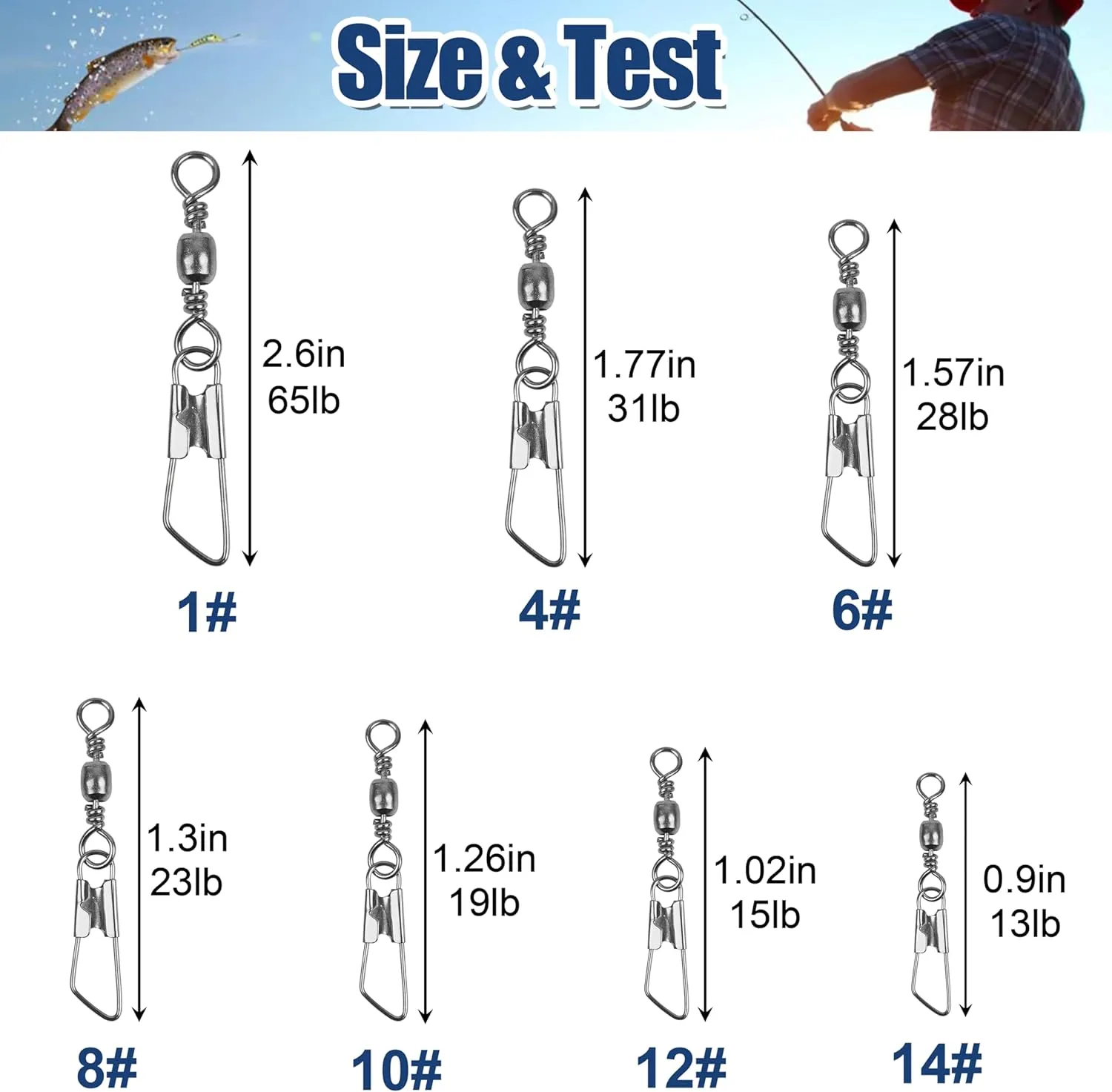 Fishing Swivels Snap Swivels, Barrel Swivels with Safety Snaps High Strength Solid Rings Fishing Swivels Freshwater Saltwater Snap Connector