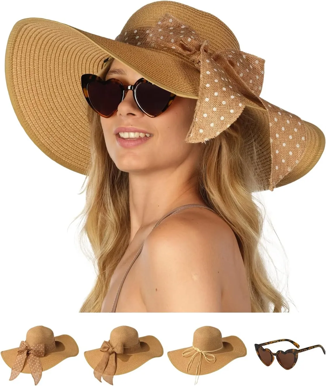 Funcredible Sun Hat for Women - Wide Brim Hat - Large Floppy Beach Hat - Straw Sun Hats with Bow and Heart Shape Glasses