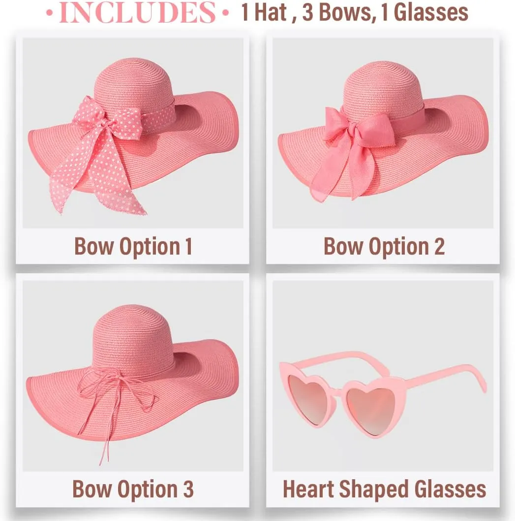 Funcredible Sun Hat for Women - Wide Brim Hat - Large Floppy Beach Hat - Straw Sun Hats with Bow and Heart Shape Glasses