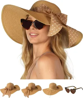 Funcredible Sun Hat for Women - Wide Brim Hat - Large Floppy Beach Hat - Straw Sun Hats with Bow and Heart Shape Glasses