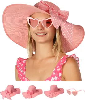 Funcredible Sun Hat for Women - Wide Brim Hat - Large Floppy Beach Hat - Straw Sun Hats with Bow and Heart Shape Glasses