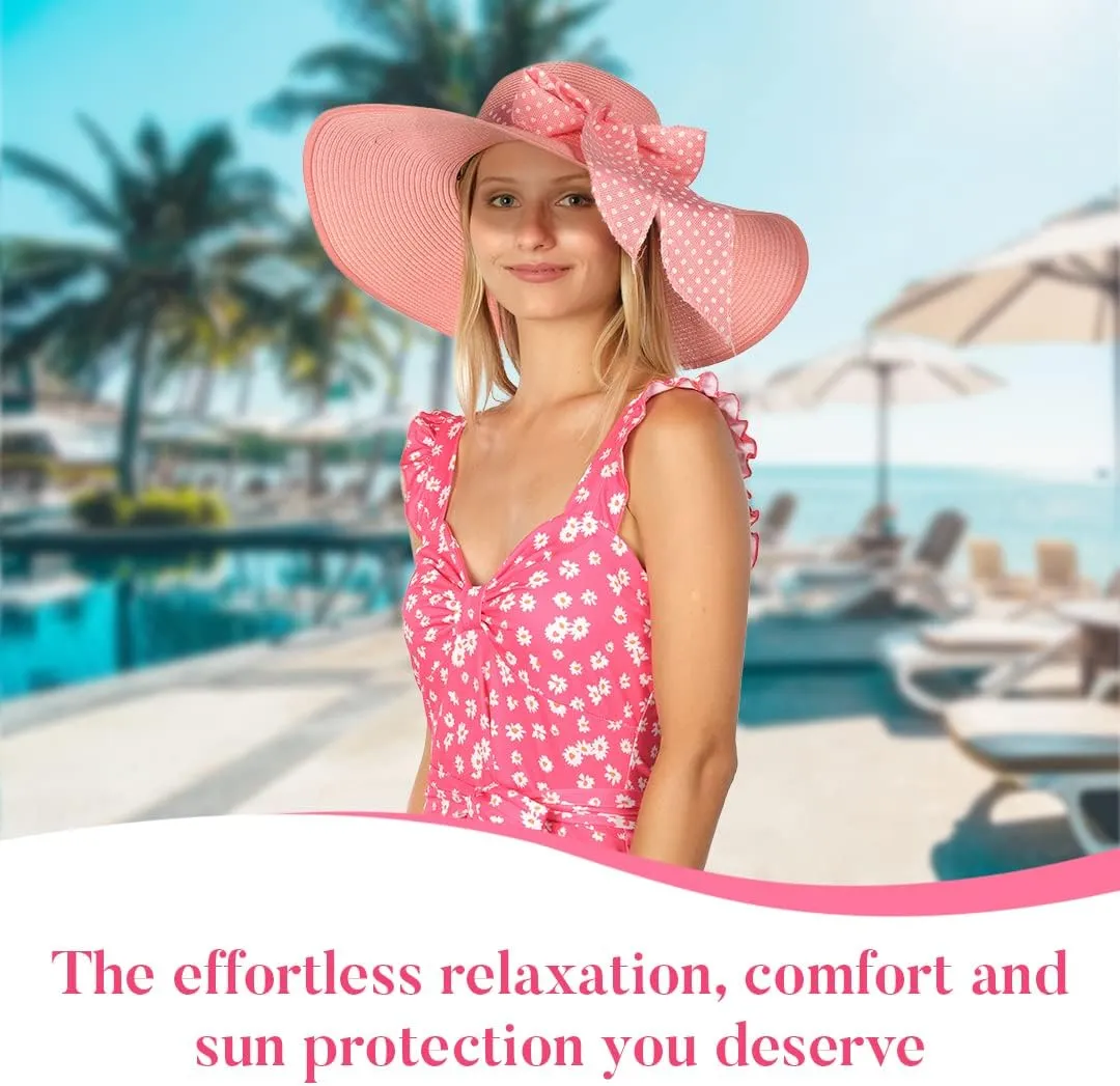 Funcredible Sun Hat for Women - Wide Brim Hat - Large Floppy Beach Hat - Straw Sun Hats with Bow and Heart Shape Glasses