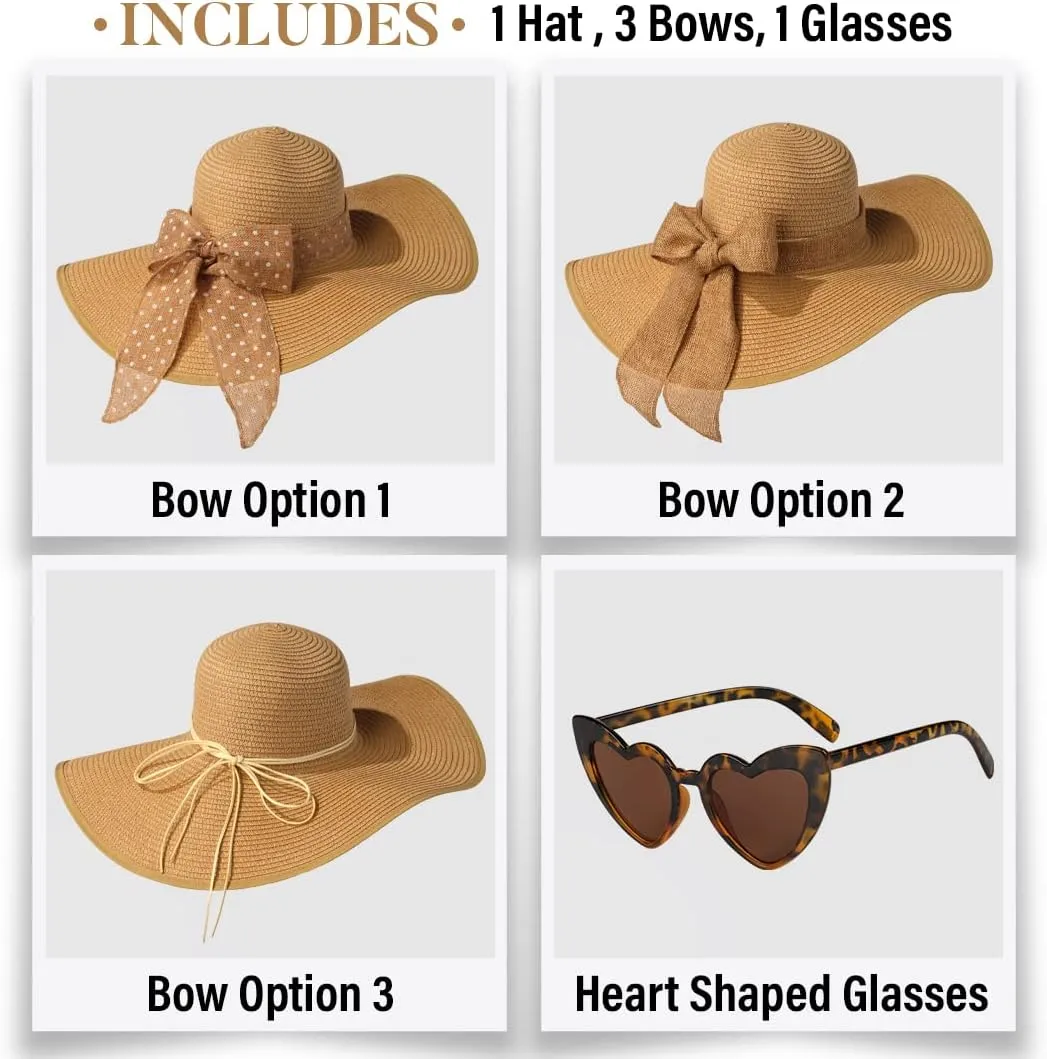 Funcredible Sun Hat for Women - Wide Brim Hat - Large Floppy Beach Hat - Straw Sun Hats with Bow and Heart Shape Glasses