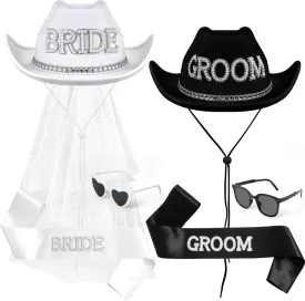 Geyoga 6 Pack Bride Cowboy Hat with Veil Groom and Bride Hat Belt Bachelor Party Supplies with Men Women Sunglasses for Women Men Wedding Shower Decoration Black,White