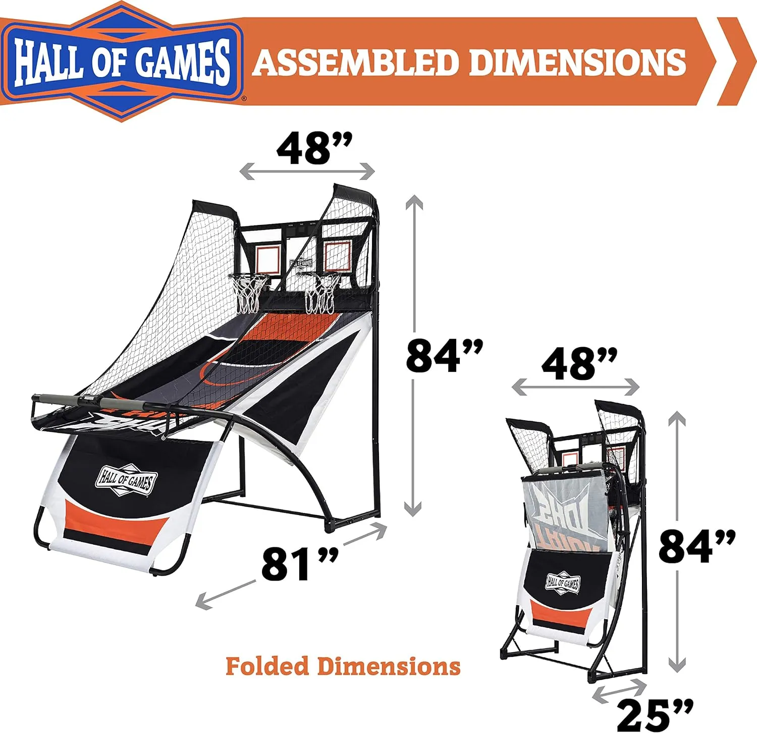 Hall of Games EZ Fold Premium Indoor Arcade Basketball Game with Steel Frame and Polycarbonate Backboard, Dual Shot Electronic Scoring with 6 Size 3 Balls Included, Perfect for Basement Game Rooms