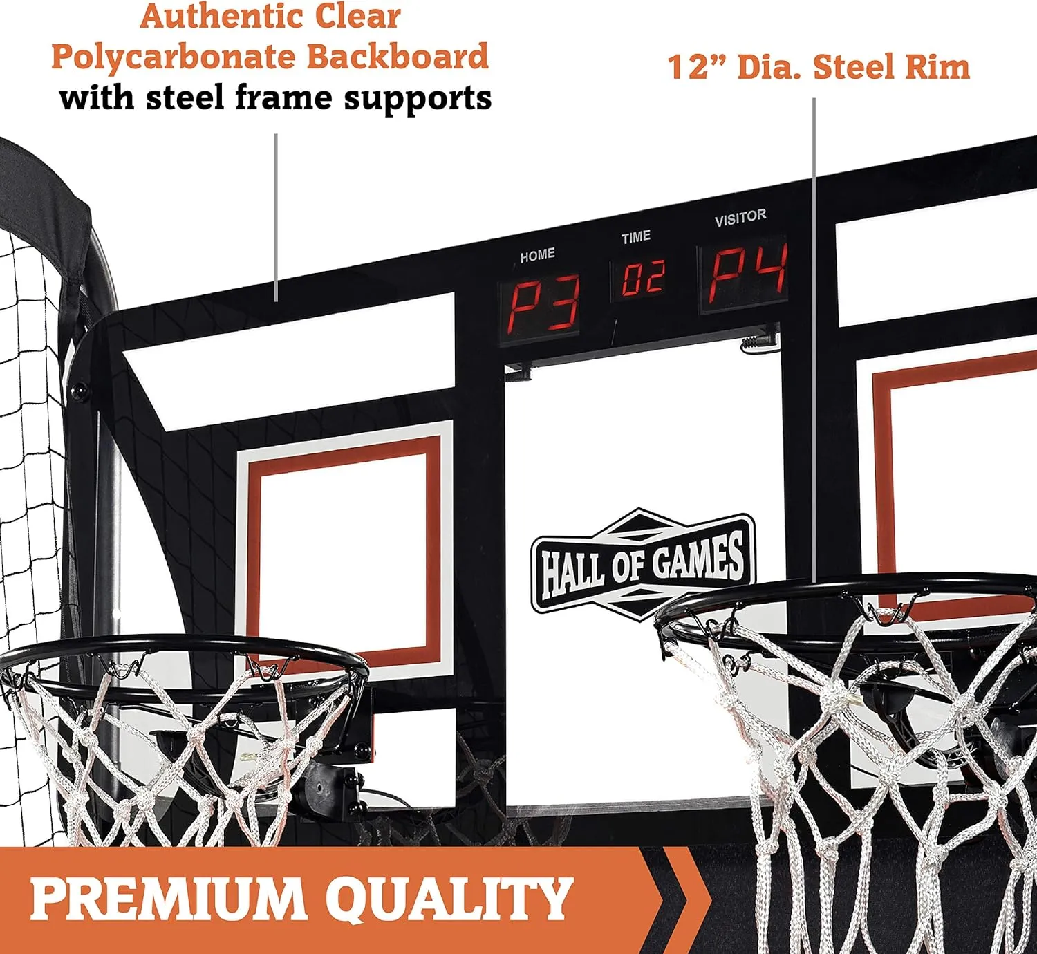 Hall of Games EZ Fold Premium Indoor Arcade Basketball Game with Steel Frame and Polycarbonate Backboard, Dual Shot Electronic Scoring with 6 Size 3 Balls Included, Perfect for Basement Game Rooms