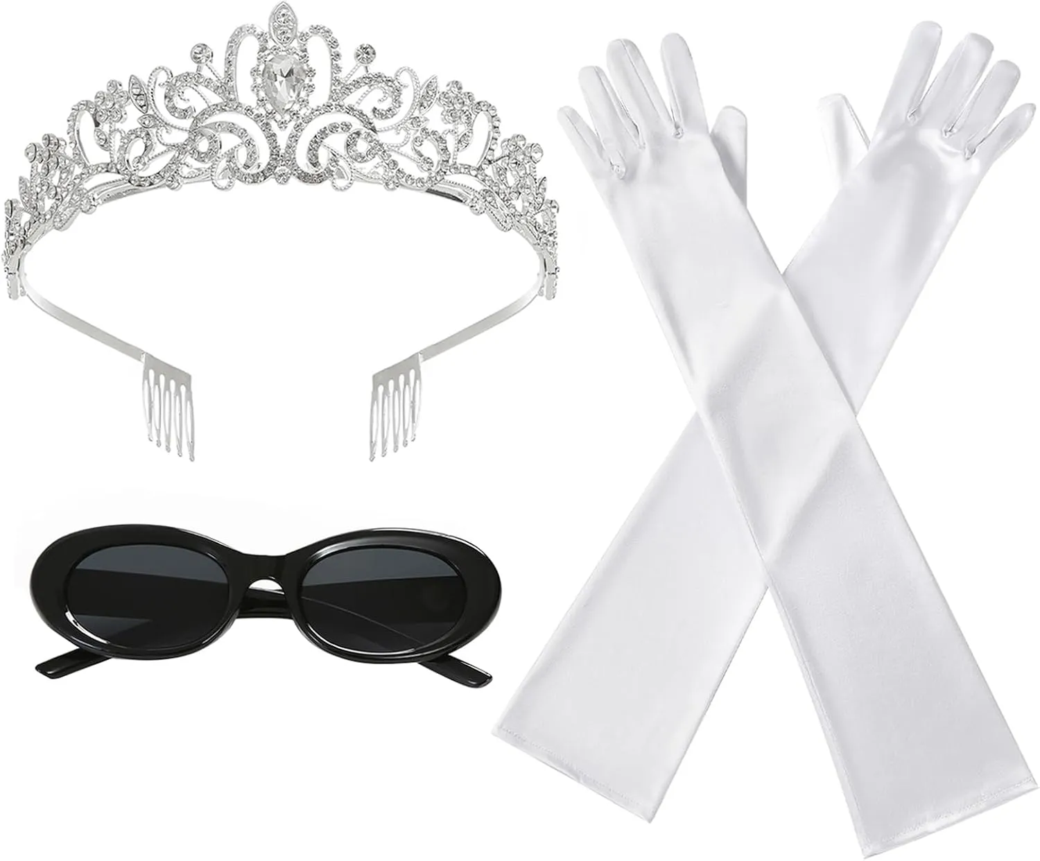 Halloween Princess Costume Accessories Women Crystal Crown Headband Long Gloves Sunglasses Dress Up Party