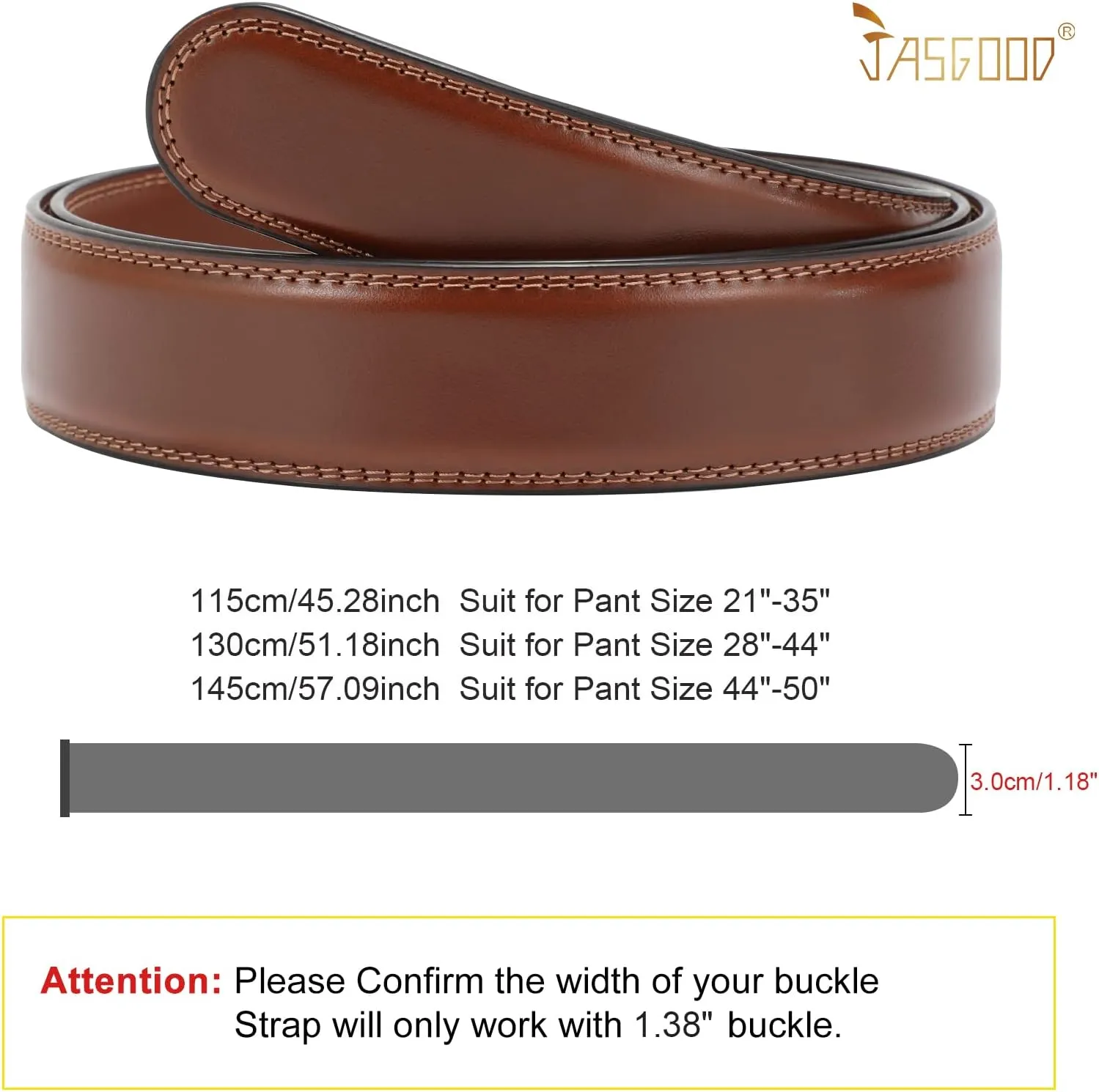 JASGOOD Ratchet Belt Replacement Strap 1 1/8", Leather Belt Strap for 35MM Slide Click Buckle