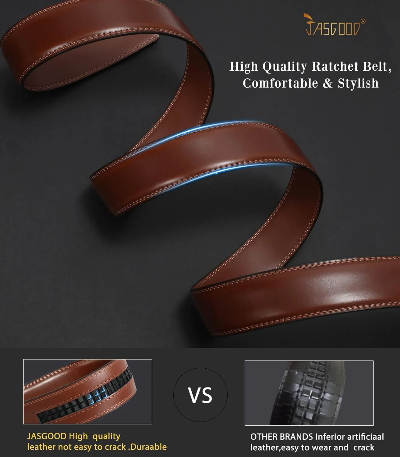 JASGOOD Ratchet Belt Replacement Strap 1 1/8", Leather Belt Strap for 35MM Slide Click Buckle