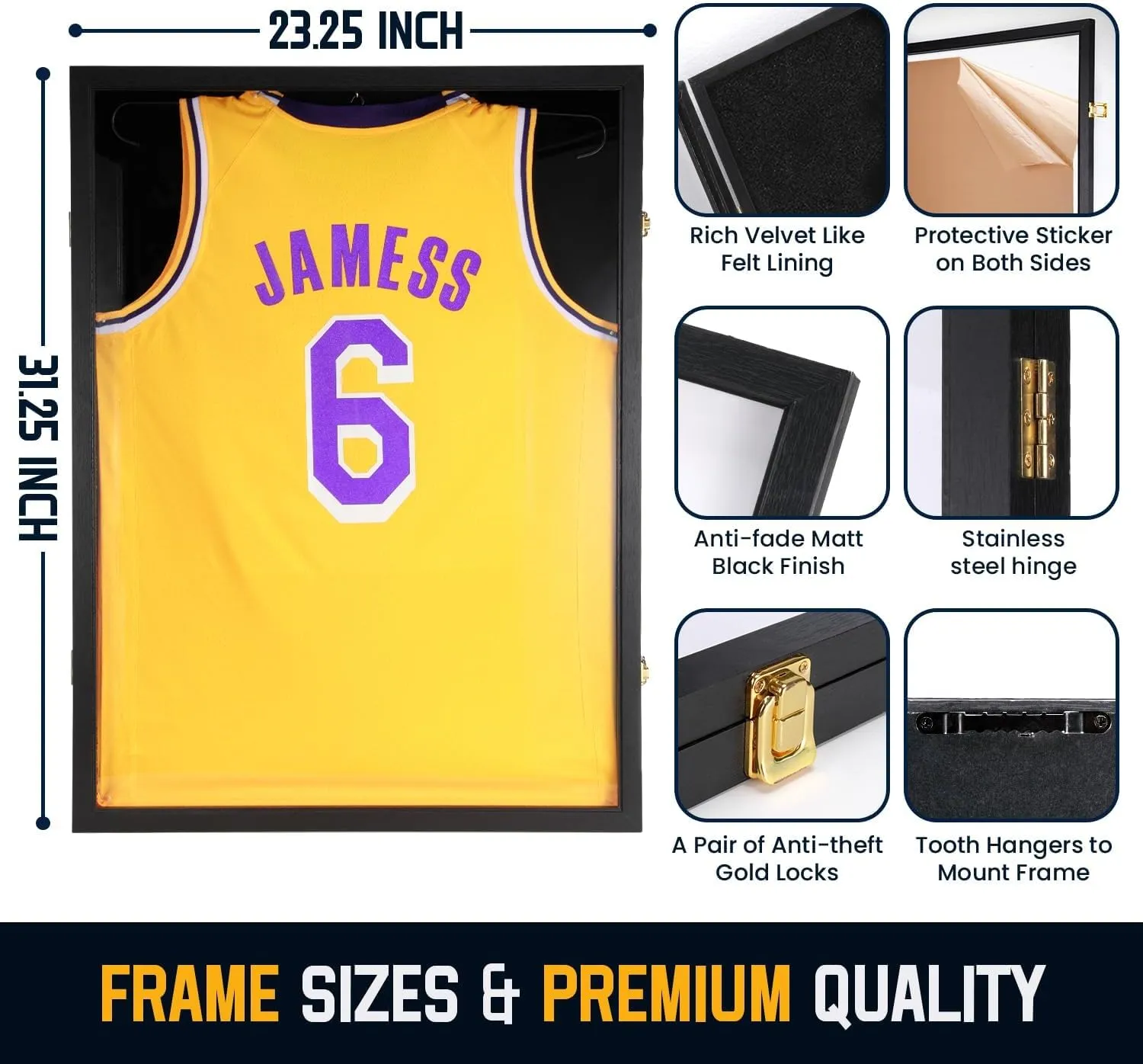 Jersey Wooden Frame Display Case -Shadow Box with 98% UV Protection Acrylic and Hanger for Baseball Basketball Football Hockey Sport Shirt and Uniform (Black, 3 Packs)
