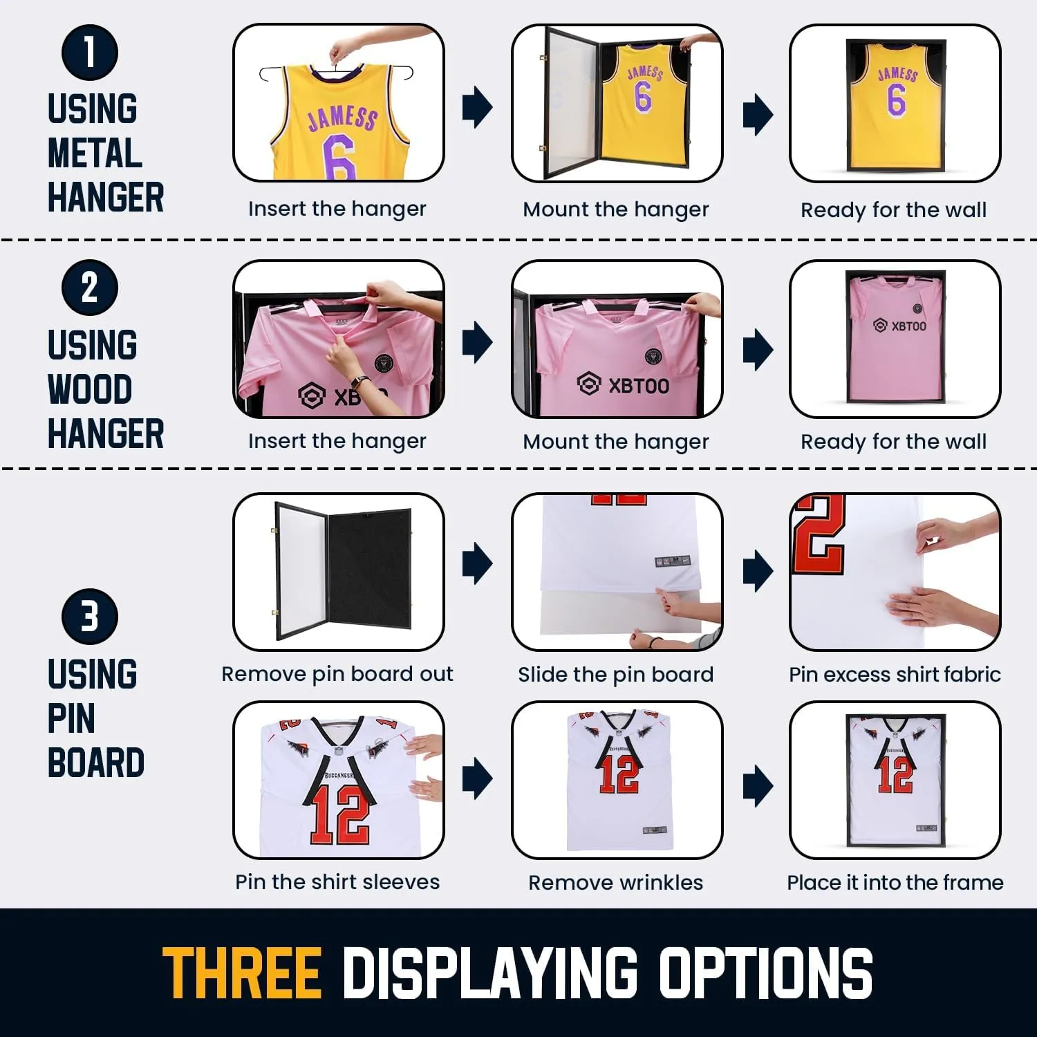 Jersey Wooden Frame Display Case -Shadow Box with 98% UV Protection Acrylic and Hanger for Baseball Basketball Football Hockey Sport Shirt and Uniform (Black, 3 Packs)