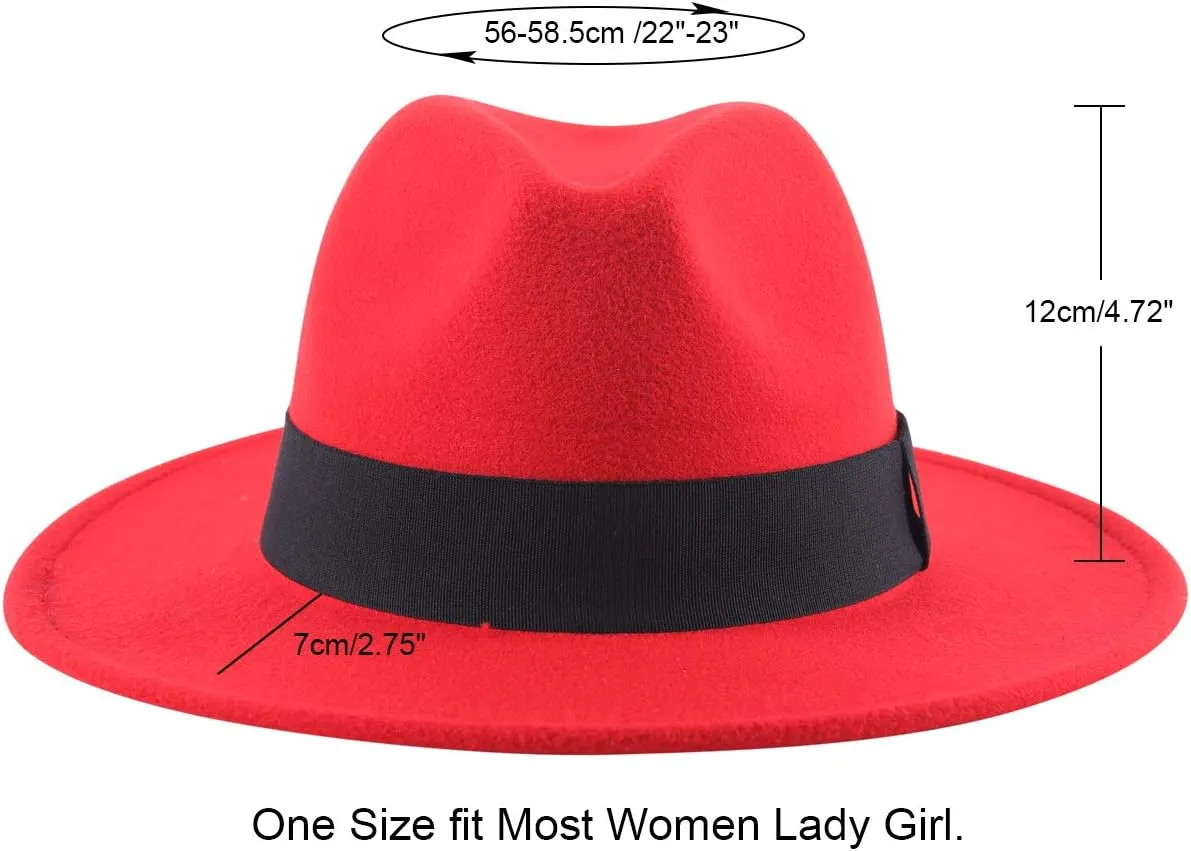 Lanzom Classic Fedora Hats for Women Lady Wide Brim Felt Panama Hat with Belt Buckle