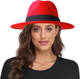 Lanzom Classic Fedora Hats for Women Lady Wide Brim Felt Panama Hat with Belt Buckle