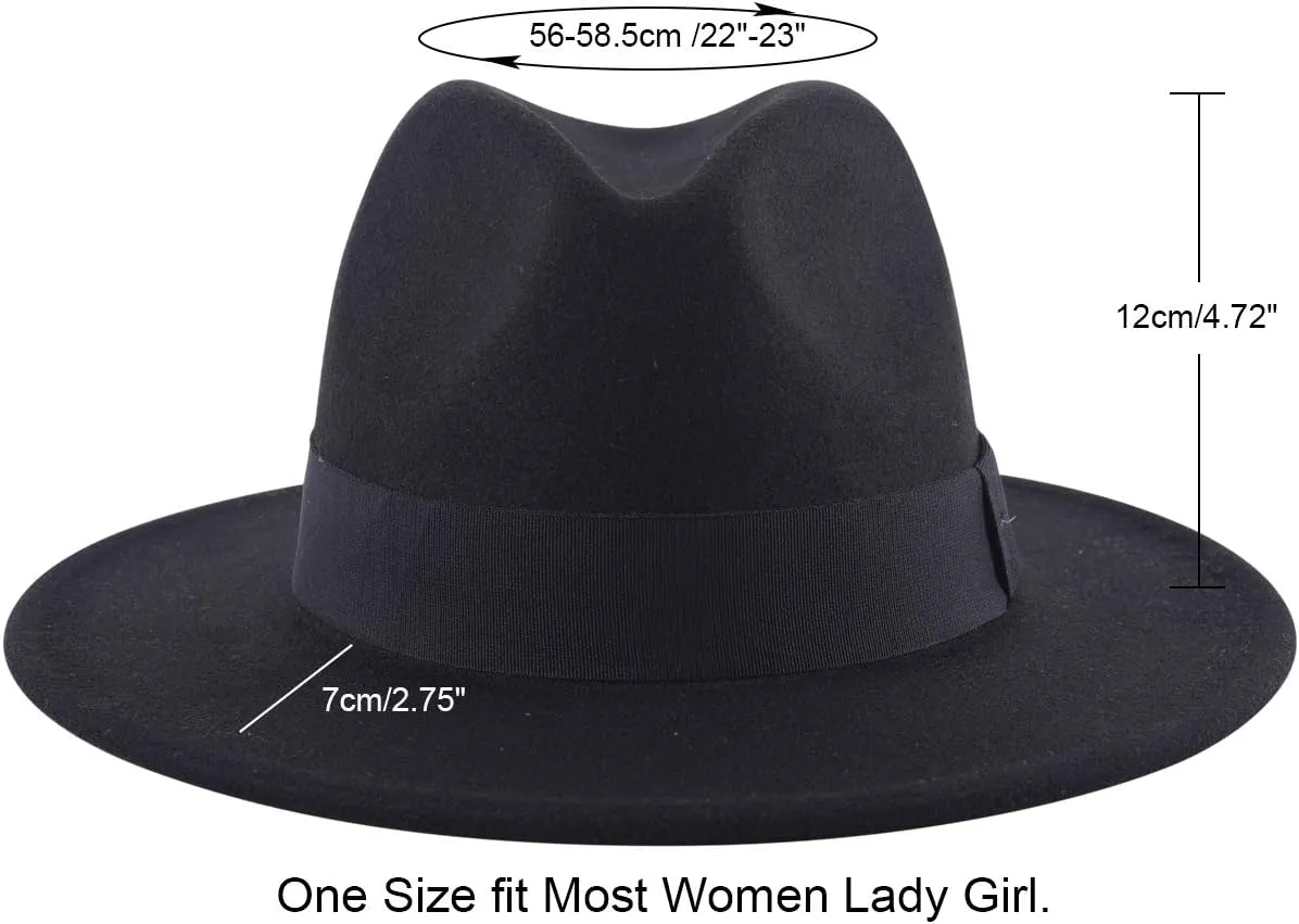 Lanzom Classic Fedora Hats for Women Lady Wide Brim Felt Panama Hat with Belt Buckle