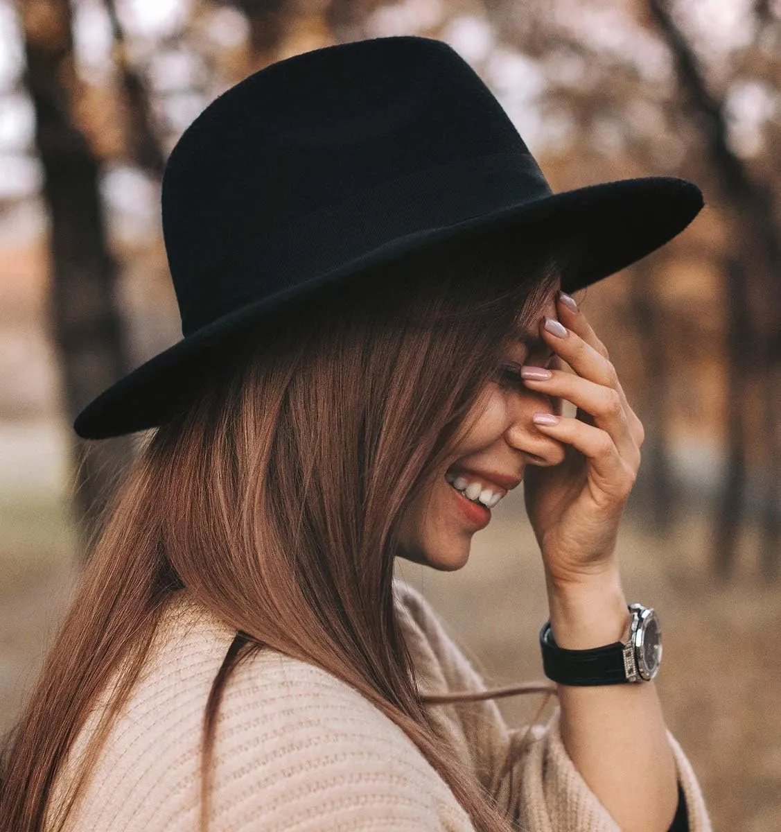 Lanzom Classic Fedora Hats for Women Lady Wide Brim Felt Panama Hat with Belt Buckle