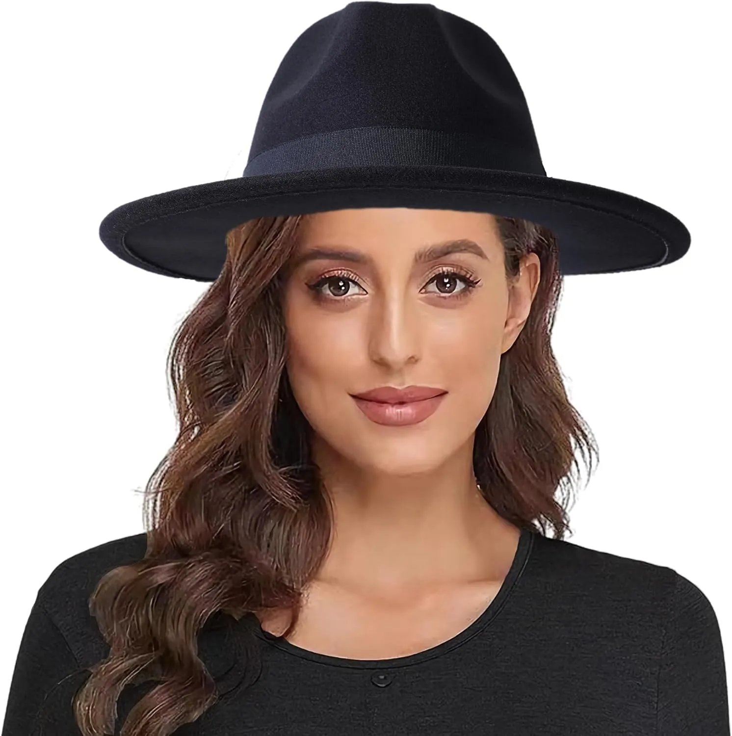 Lanzom Classic Fedora Hats for Women Lady Wide Brim Felt Panama Hat with Belt Buckle