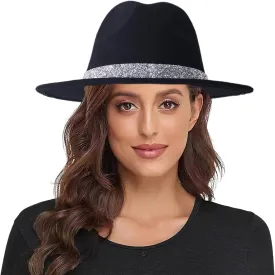 Lanzom Classic Fedora Hats for Women Lady Wide Brim Felt Panama Hat with Belt Buckle