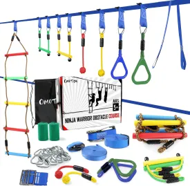 Ninja Warrior Obstacle Course for Kids, 2 x 50FT Weatherproof Slacklines for Backyard, 8 Accessories, Outside Playset Equipment Girls Boys, Ladder, Monkey Bars, Rings Plus Arm Trainer