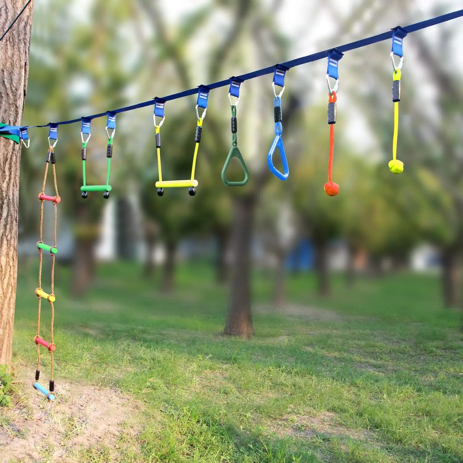 Ninja Warrior Obstacle Course for Kids, 2 x 50FT Weatherproof Slacklines for Backyard, 8 Accessories, Outside Playset Equipment Girls Boys, Ladder, Monkey Bars, Rings Plus Arm Trainer