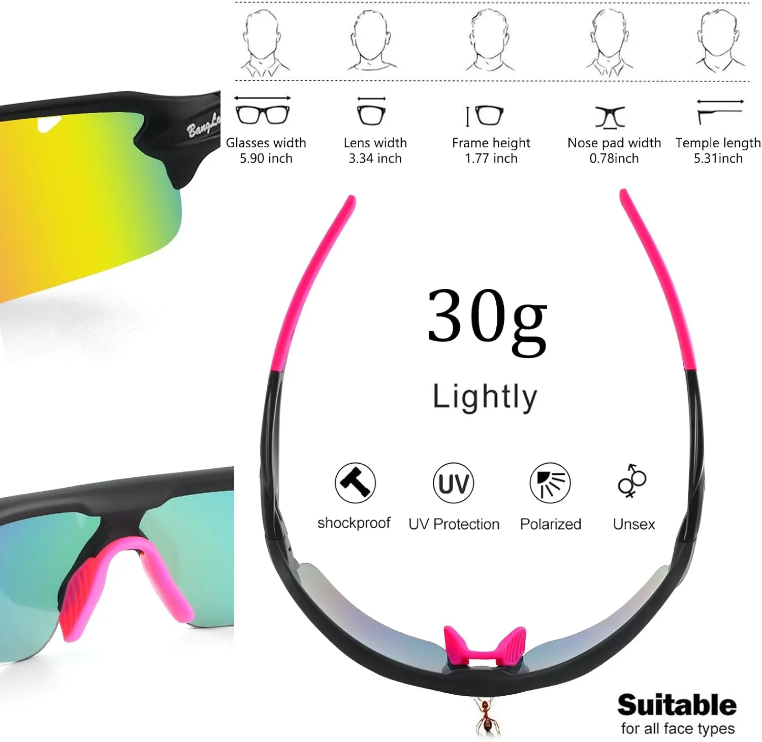 Polarized Sports Sunglasses Cycling Sun Glasses for Men Women with 5 Interchangeable Lenes for Running Baseball Golf Driving