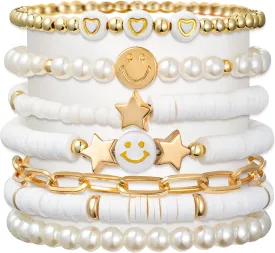 Preppy Bracelets Set Colorful White Gold Smile Heart Star Polymer Beaded Pearl Clay Stackable Charm Y2K Kidcore Aesthetic Summer Beach Bohemian Stretch Layering Bracelets Jewelry for Girls Women Teens