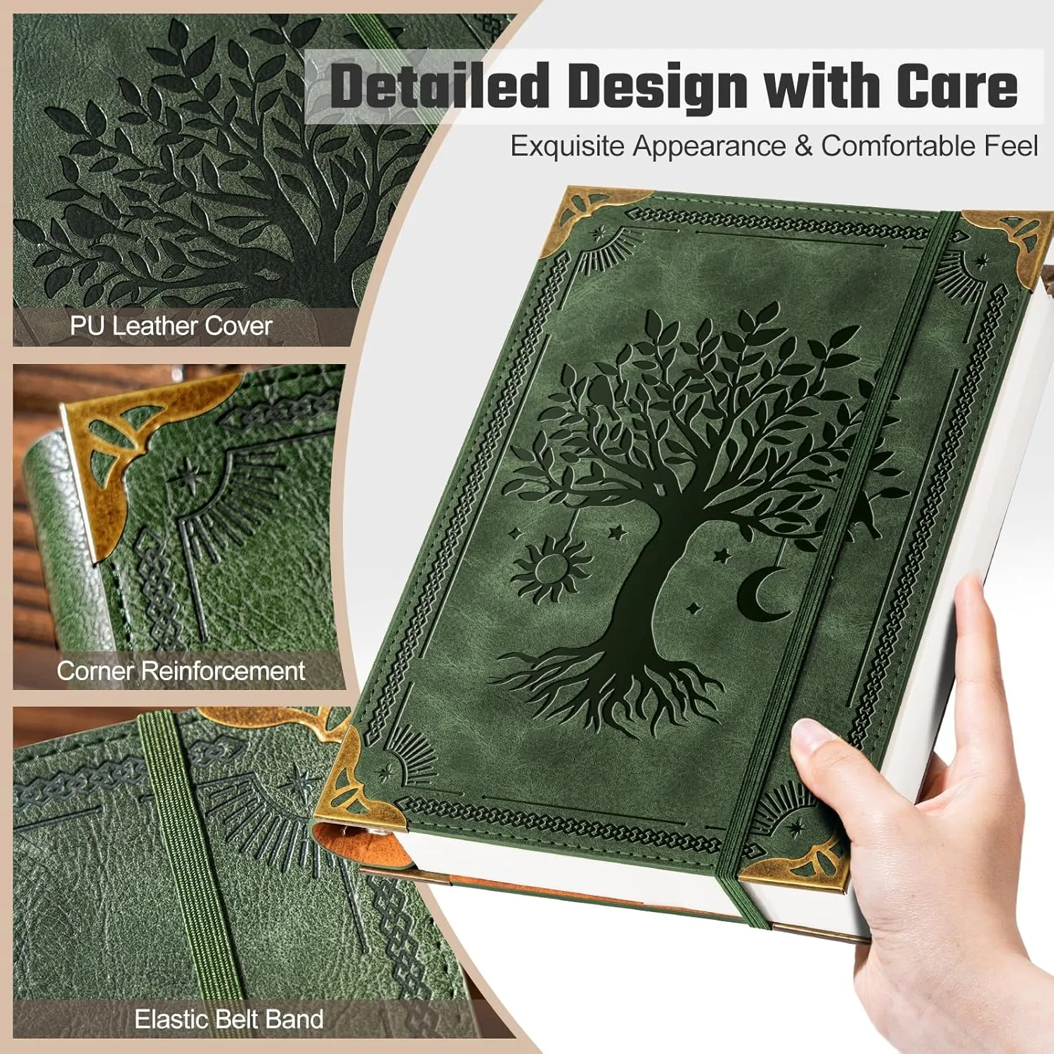 PU Leather A5 Binder 6 Ring Refillable Journal 100 GSM 240 Pages Refill Paper Include A5 Planner Binder Loose Leaf Binder Notebook 5.7x8.3, Green Tree