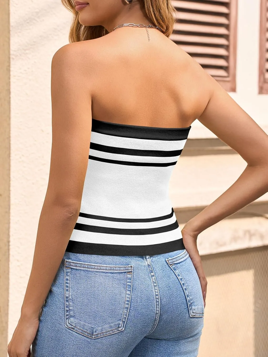 Saodimallsu Womens Strapless Crop Tube Tops Sexy Sleeveless Knit Summer Trendy Color Block Asymmetrical Y2k Bandeau Top