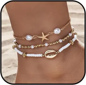 Seashell Anklet for Women Gold Boho Beaded Cowire Shell Anklet Hawaiian Beach Starfish Ankle Bracelet Seashell Pearl Conch Anklets Summer Ocean Foot Jewelry