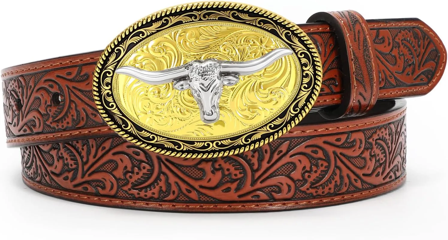 SUOSDEY Kids Western Belt for Boys Girls,Toddler Youth Cowboy Cowgirl Genuine Leather Belt with Longhorn Bull Buckle