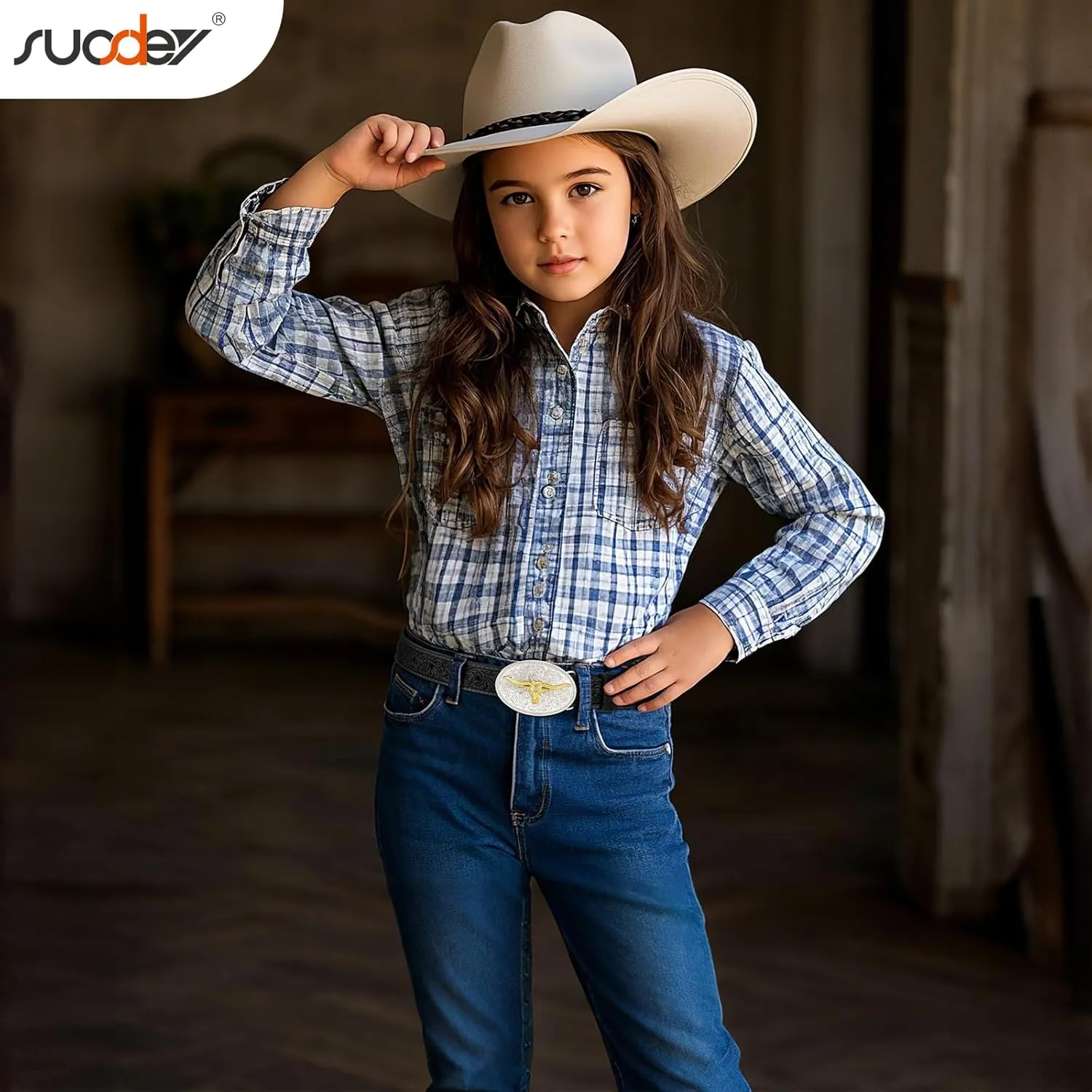 SUOSDEY Kids Western Belt for Boys Girls,Toddler Youth Cowboy Cowgirl Genuine Leather Belt with Longhorn Bull Buckle